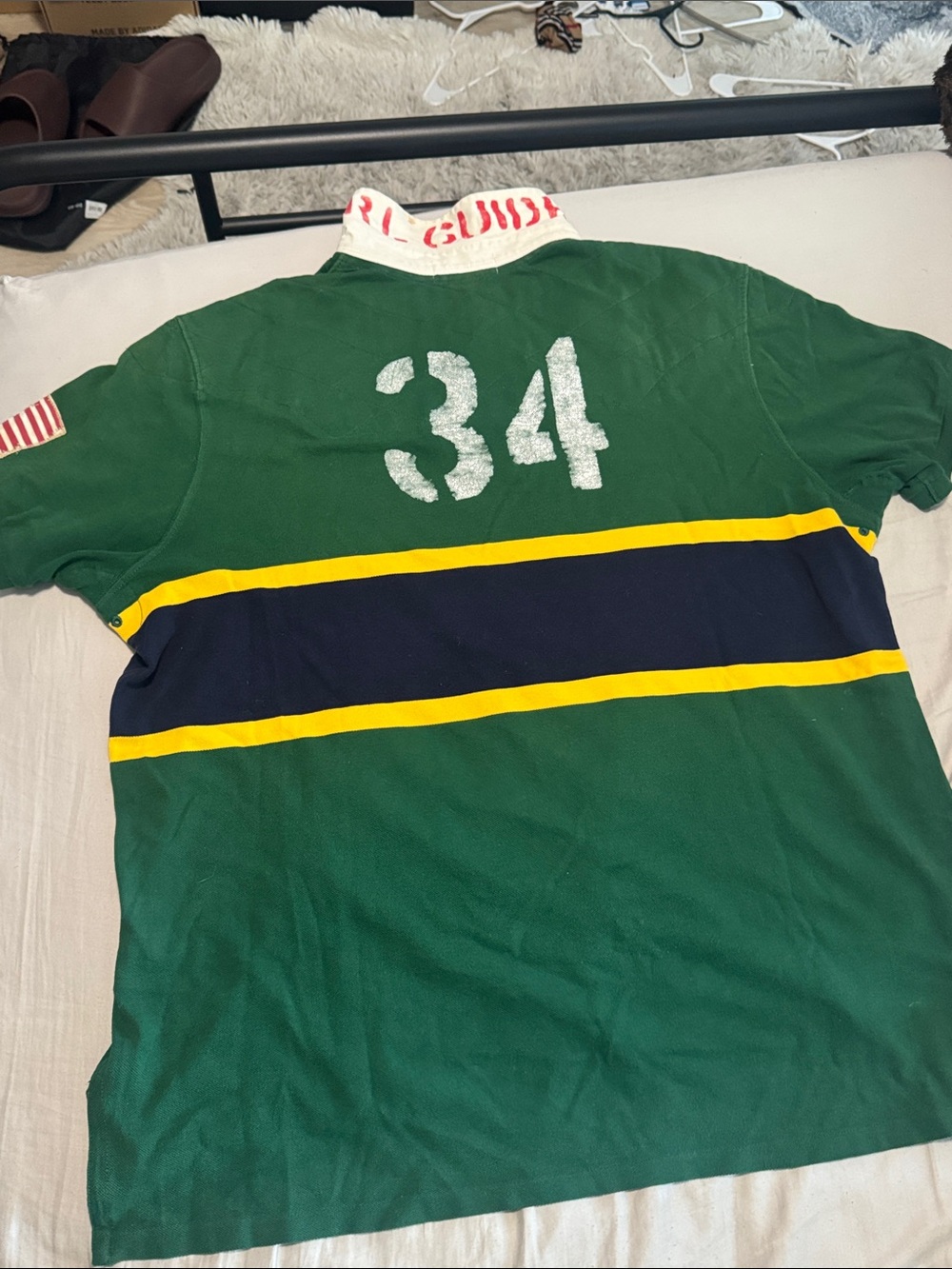Polo by Ralph Lauren Green Rugby Shirt with Navy & Yellow Stripes - Picture 3 of 4